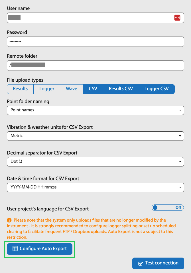 Svannet file upload destination settings with Configure Auto Export button