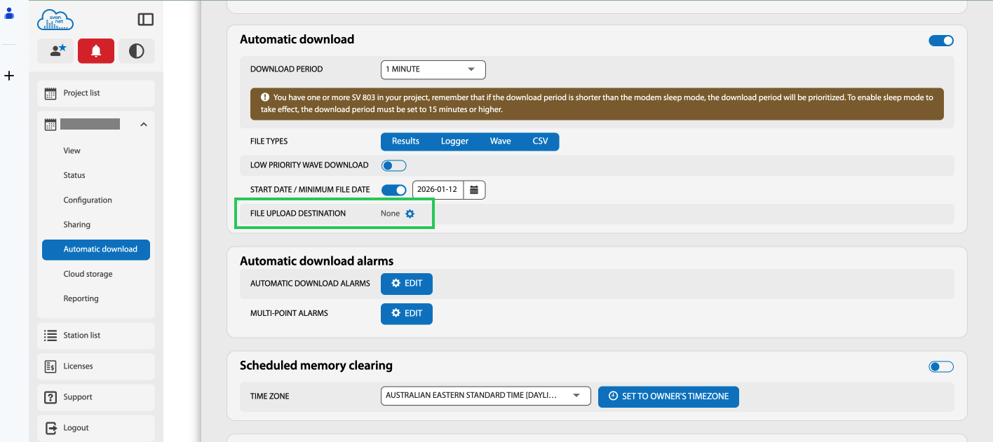Svannet Automatic download page with File upload destination highlighted