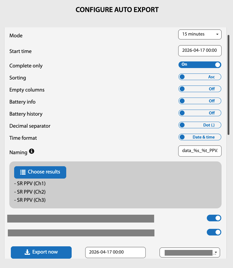 Svannet Configure Auto Export showing only PPV result channels selected