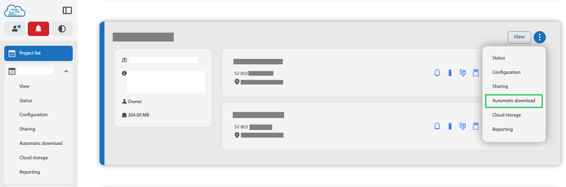 Svannet project list: open Automatic download from the project menu