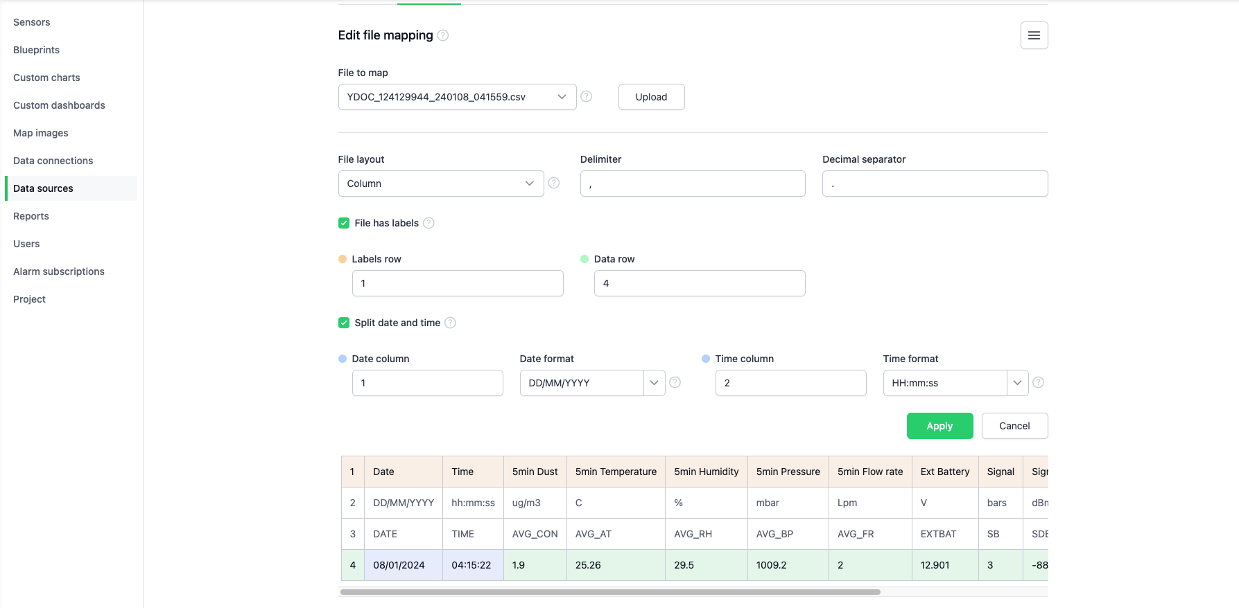 YDOC file mapping with split date and time columns